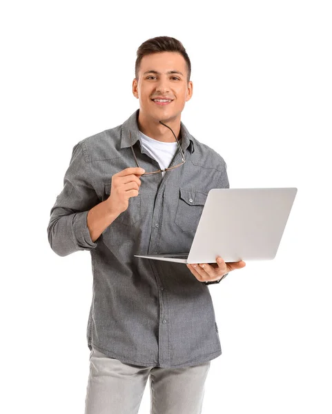 Man Programmerare Med Bärbar Dator Vit Bakgrund — Stockfoto