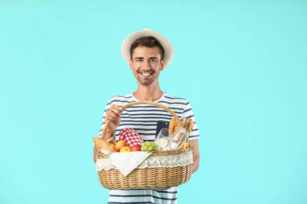 Young Man Food Picnic Basket Color Background — Stock Photo, Image