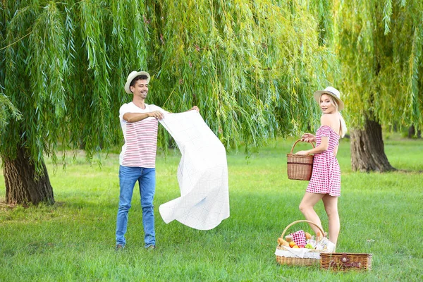 Mutlu genç çift parkta piknik yapıyor.