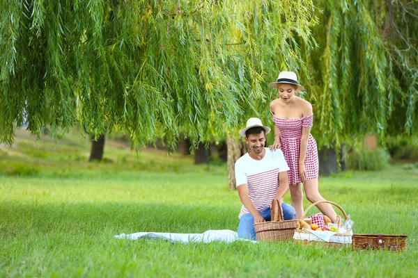 Mutlu genç çift parkta piknik yapıyor.