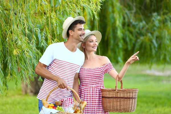 Jovem Casal Feliz Piquenique Parque — Fotografia de Stock