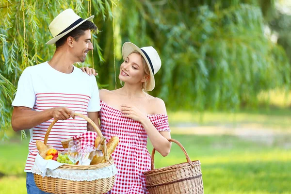 Happy Young Couple Picnic Park — Stock Photo, Image