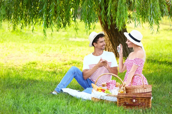 Unga Par Picknick Karantän Parken — Stockfoto