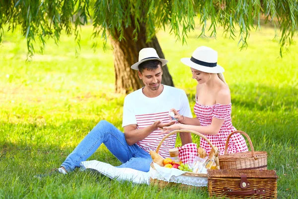 Genç çift parkta karantina sırasında piknikte.