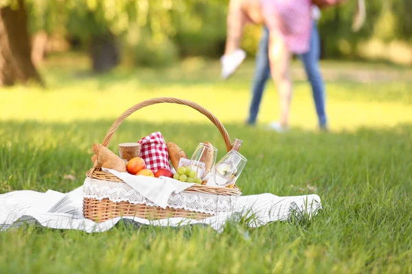 Basket Tasty Food Drink Romantic Picnic Park — Stock Photo, Image