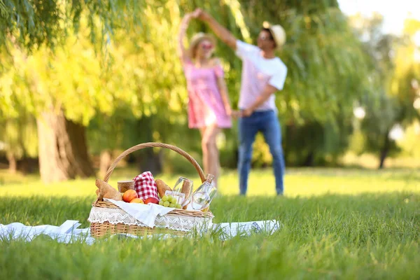 Cesta Com Comida Saborosa Bebida Para Piquenique Romântico Parque — Fotografia de Stock