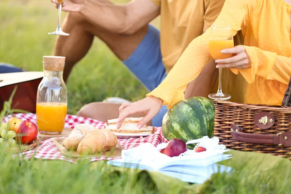 Happy Young Couple Picnic Park — Stock Photo, Image