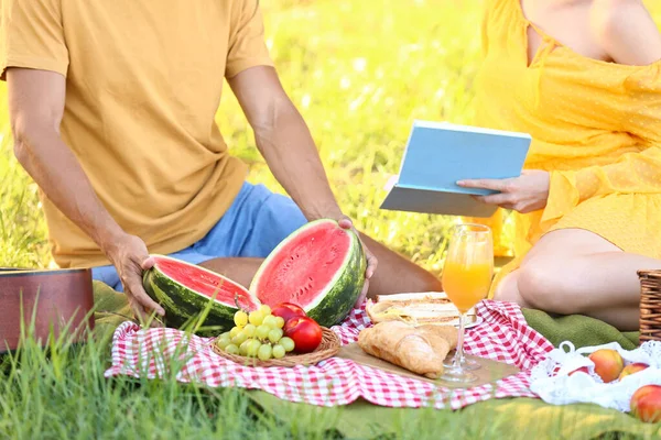 Glada Unga Par Picknick Parken — Stockfoto