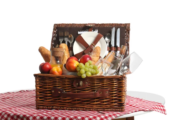 Wicker Basket Tasty Food Drink Picnic White Background — Stock Photo, Image