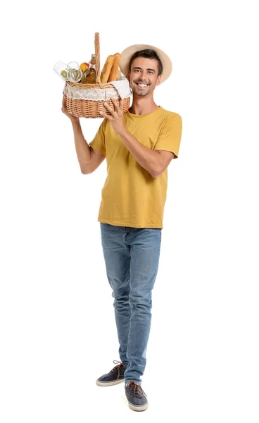 Young Man Food Picnic Basket White Background — Stock Photo, Image