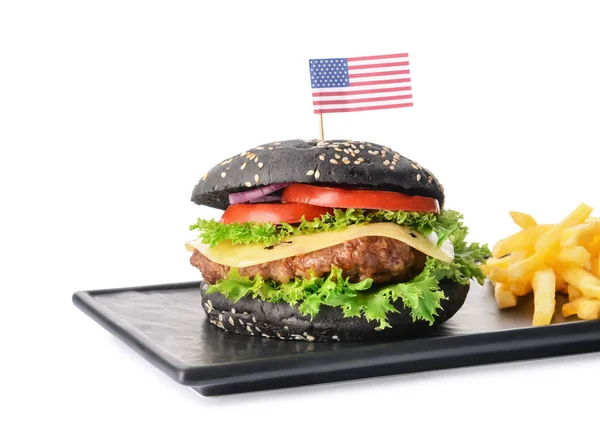 Tasty Burger Black Bun French Fries White Background — Stock Photo, Image