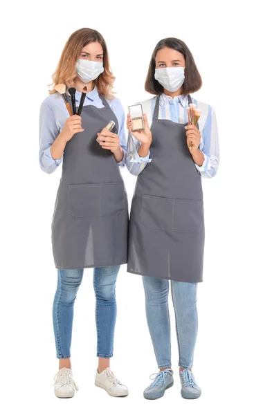 Female Makeup Artists Wearing Medical Masks White Background Coronavirus Epidemic — Stock Photo, Image