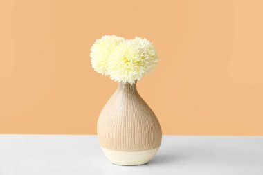 Masanın üzerinde renk arkaplanına karşı çiçekler olan güzel vazo