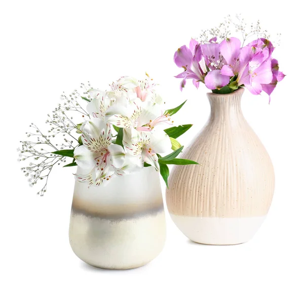 Beautiful Vases Flowers White Background — Stock Photo, Image