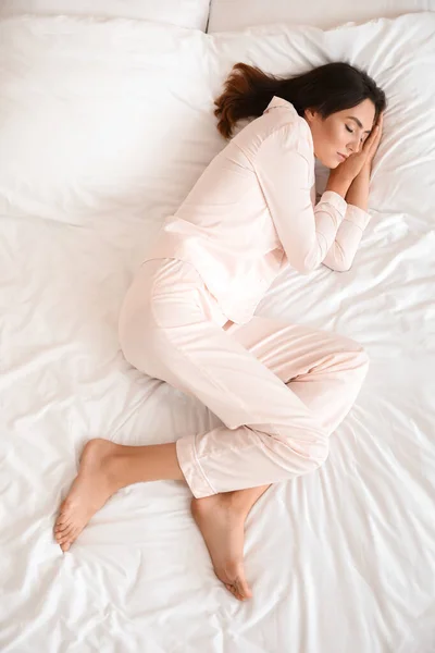 Young Woman Sleeping Bed Top View — Stock Photo, Image