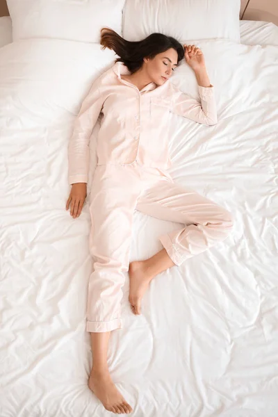 Young Woman Sleeping Bed Top View — Stock Photo, Image