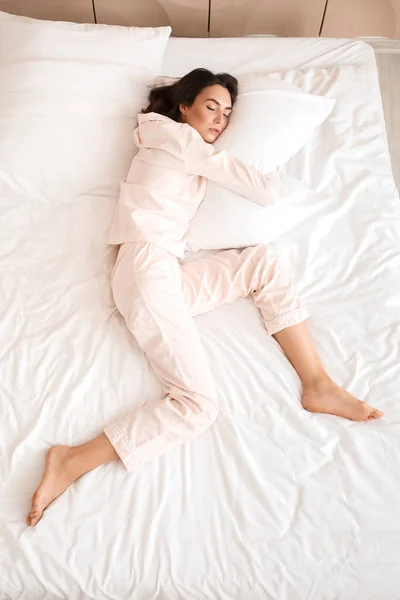 Young Woman Sleeping Bed Top View — Stock Photo, Image