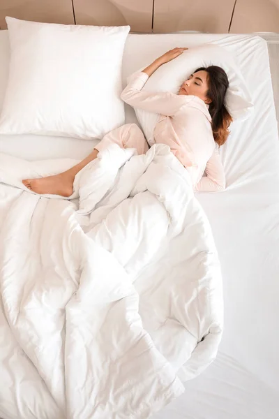 Young Woman Sleeping Bed Top View — Stock Photo, Image