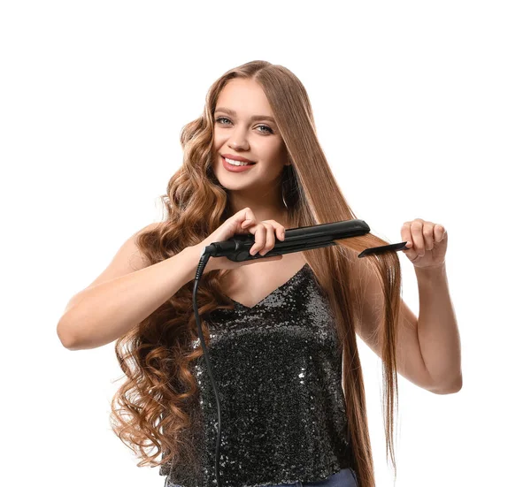 Beautiful Young Woman Flattening Iron Hair White Background — Stock Photo, Image