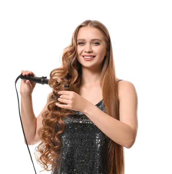 Beautiful Young Woman Curling Iron Hair White Background — Stock Photo, Image