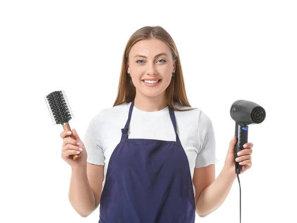 Weibliche Friseurin Auf Weißem Hintergrund — Stockfoto