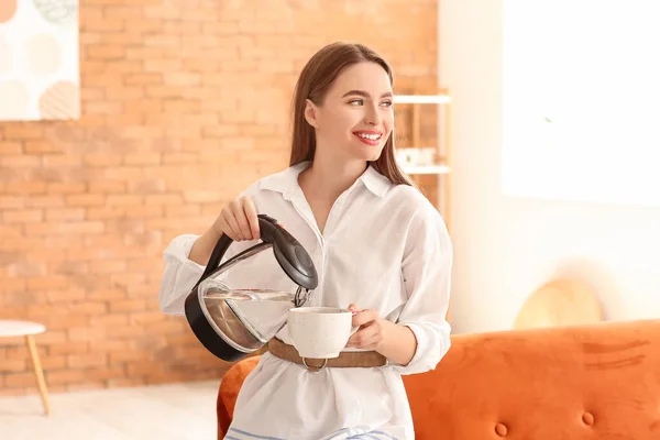 Woman Pouring Hot Boiled Water Electric Kettle Cup Home — Stock Photo, Image