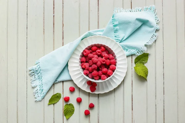 Bowl Ripe Raspberries Table — Stock Photo, Image