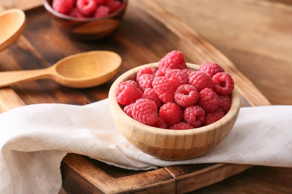 Bowl Tasty Ripe Raspberries Table — Stock Photo, Image