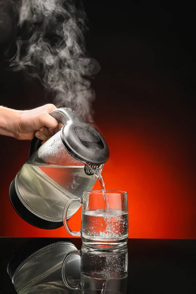 Pouring Hot Water Kettle Mug Color Background — Stock Photo, Image