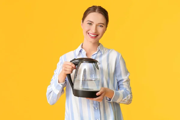 Young Woman Electric Kettle Color Background — Stock Photo, Image