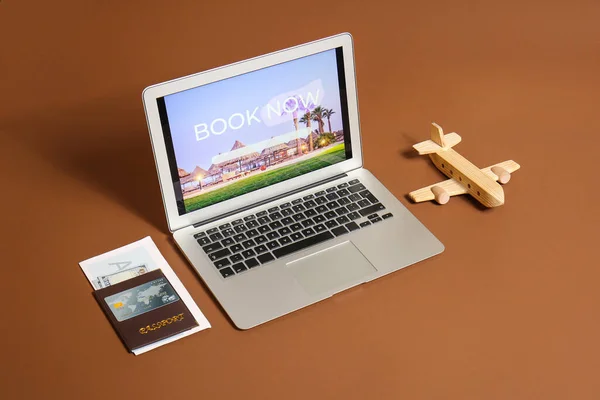 Modern Laptop Toy Airplane Documents Color Background Concept Online Booking — Stock Photo, Image