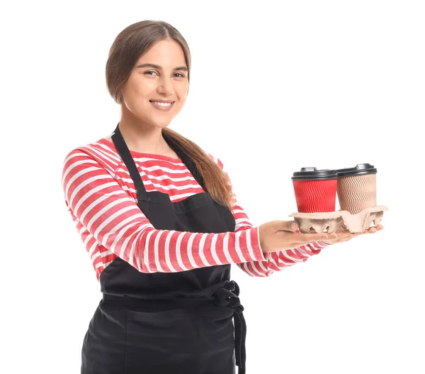 Vrouwelijke Barista Witte Achtergrond — Stockfoto