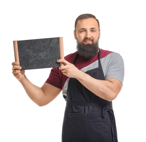 Varón Barista Con Pizarra Sobre Fondo Blanco — Foto de Stock