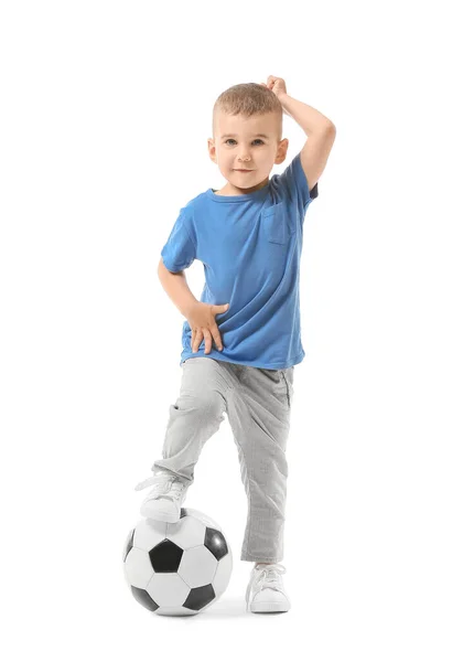 Netter Kleiner Junge Mit Ball Auf Weißem Hintergrund — Stockfoto