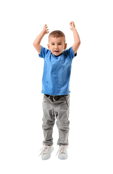 Cute Jumping Little Boy White Background — Stock Photo, Image