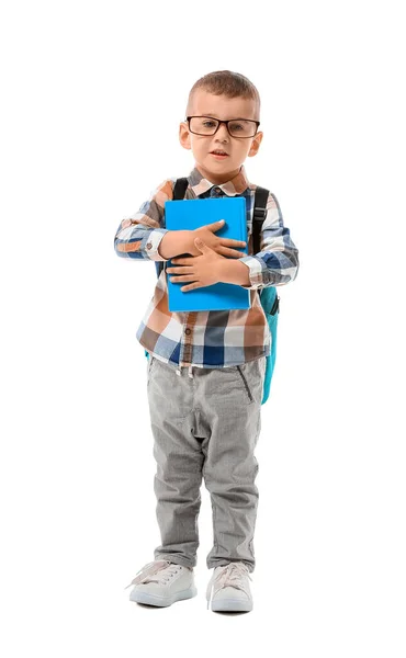 Cute Little Schoolboy Książki Białym Tle — Zdjęcie stockowe