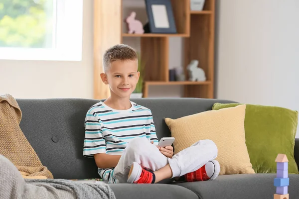 Cute Little Boy Mobile Phone Home — Stock Photo, Image