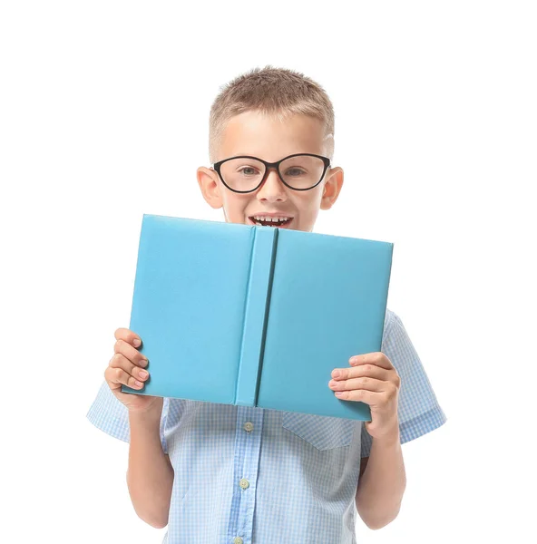 Roztomilý Chlapeček Knihou Bílém Pozadí — Stock fotografie
