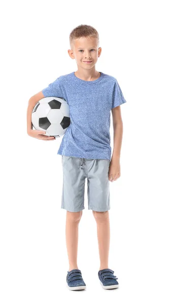 Netter Kleiner Junge Mit Fußball Auf Weißem Hintergrund — Stockfoto