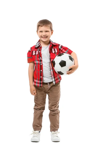 Bonito Menino Com Bola Futebol Fundo Branco — Fotografia de Stock