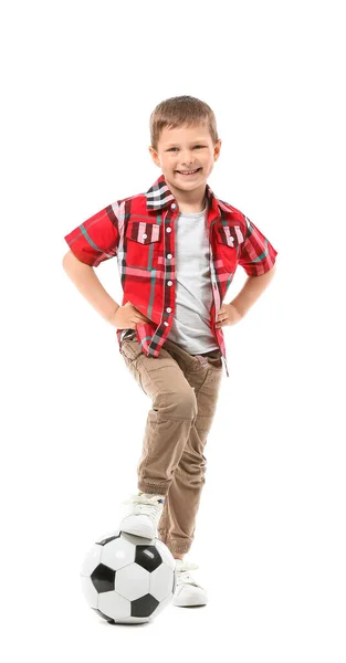 Lindo Niño Con Pelota Fútbol Sobre Fondo Blanco — Foto de Stock