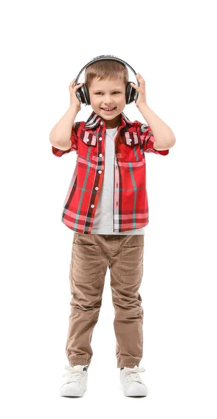Netter Kleiner Junge Mit Kopfhörern Auf Weißem Hintergrund — Stockfoto