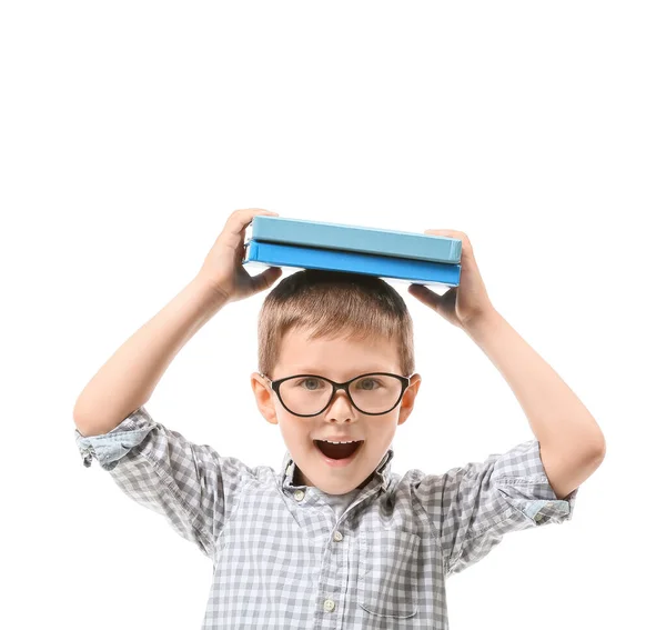 Menino Bonito Com Livros Sobre Fundo Branco — Fotografia de Stock