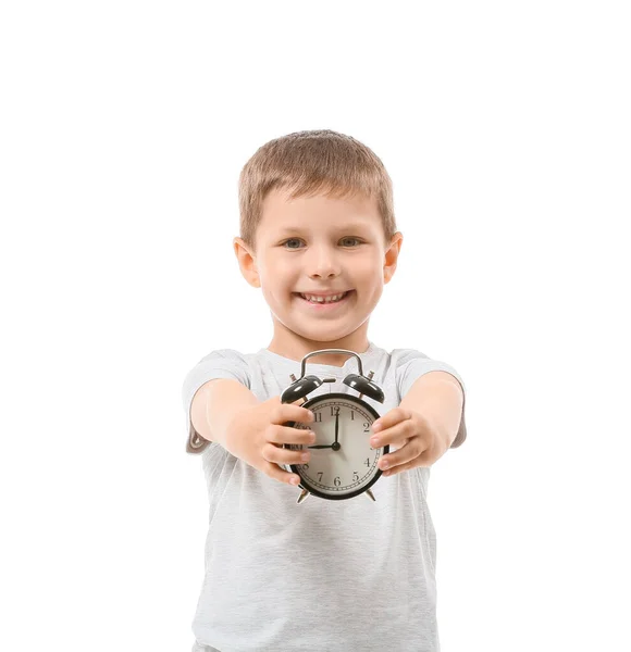Little Boy Alarm Clock White Background — Stock Photo, Image