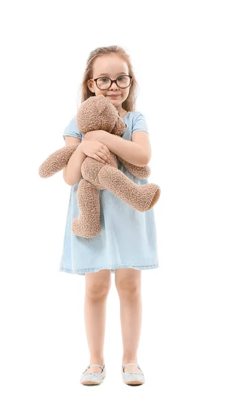 Cute Little Girl Toy Bear White Background — Stock Photo, Image