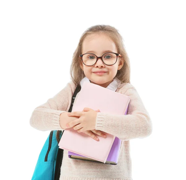 Nettes Kleines Schulmädchen Auf Weißem Hintergrund — Stockfoto