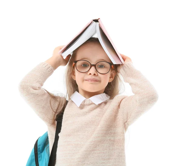 Nettes Kleines Schulmädchen Auf Weißem Hintergrund — Stockfoto