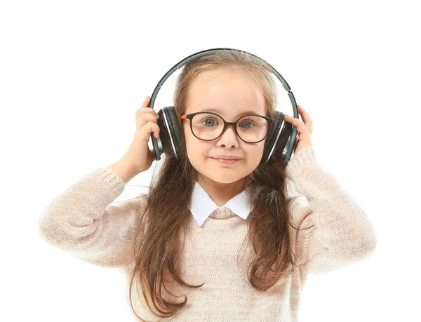 Cute Little Girl Listening Music White Background — Stock Photo, Image