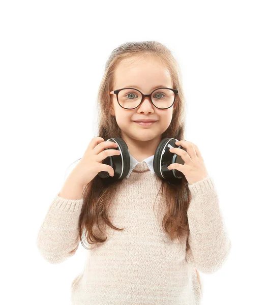 Cute Little Girl Headphones White Background — Stock Photo, Image