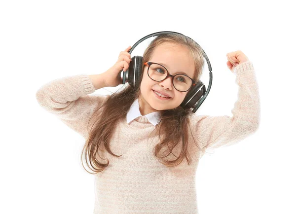 Cute Little Girl Listening Music White Background — Stock Photo, Image